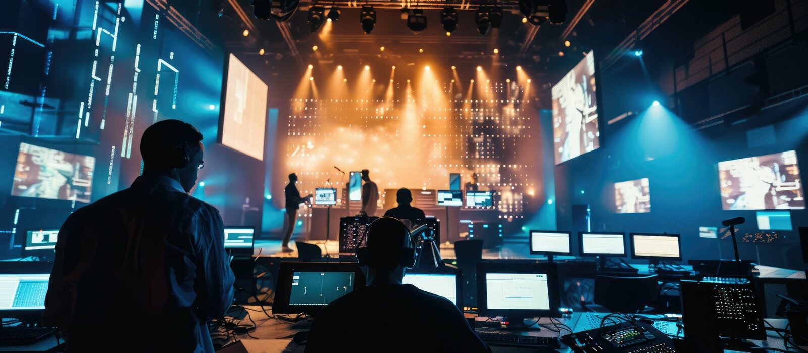 Regie technique et scenographie lumineuse evenement corporate, equipe regisseurs aux consoles face a la scene